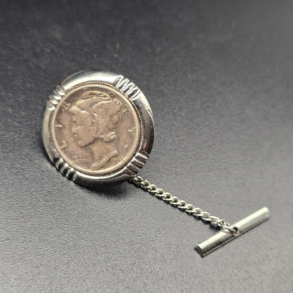 Vintage Mercury Dime Tie Tack Silver Tone Bezel Men's Accessory